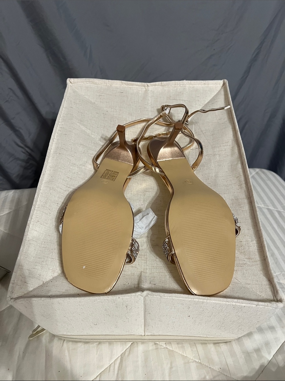 Metallic Rose Gold Rhinestone Strap Ankle-Tie Heels - Picture 4 of 4
